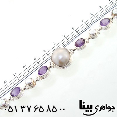 دستبند چند جواهر مروارید درشت عالی و آمتیست زنانه ایتالیایی فاخر _کد:1279