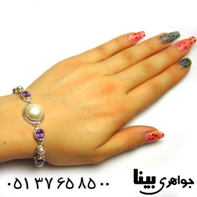 دستبند چند جواهر مروارید درشت عالی و آمتیست زنانه ایتالیایی فاخر _کد:1279