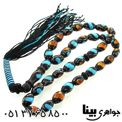 تسبیح چند جواهر 33 دانه ای یسر نقره کوب و مرصع کاری فیروزه و کهربا _کد:8711