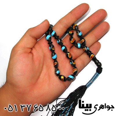 تسبیح چند جواهر 33 دانه ای یسر نقره کوب و مرصع کاری فیروزه و کهربا _کد:8711