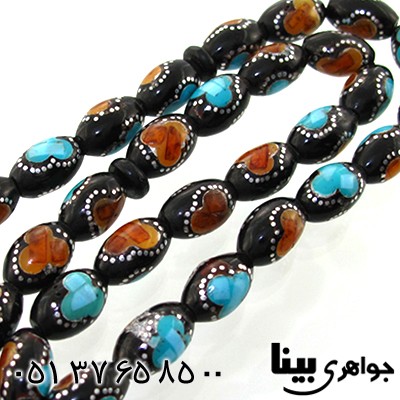 تسبیح یسر 33 دانه ای نقره کوب و مرصع کاری کهربا و فیروزه _کد:8735
