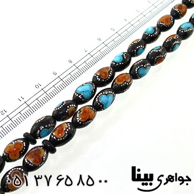 تسبیح یسر 33 دانه ای نقره کوب و مرصع کاری کهربا و فیروزه _کد:8735