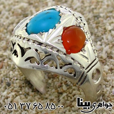 انگشتر چند جواهر فیروزه، عقیق یمنی و در نجف مردانه درشت _کد:8784