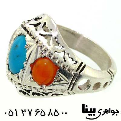 انگشتر چند جواهر فیروزه، عقیق یمنی و در نجف مردانه درشت _کد:8784