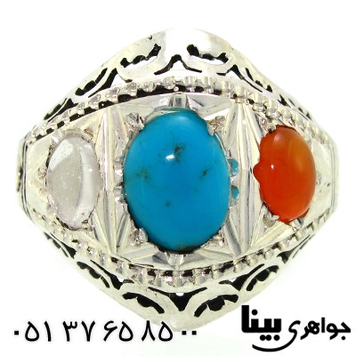انگشتر چند جواهر فیروزه، عقیق یمنی و در نجف مردانه درشت _کد:8784