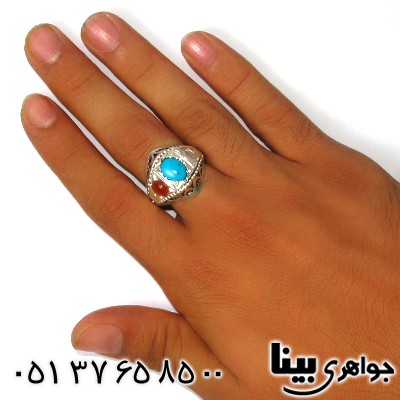 انگشتر چند جواهر فیروزه، عقیق یمنی و در نجف مردانه درشت _کد:8784