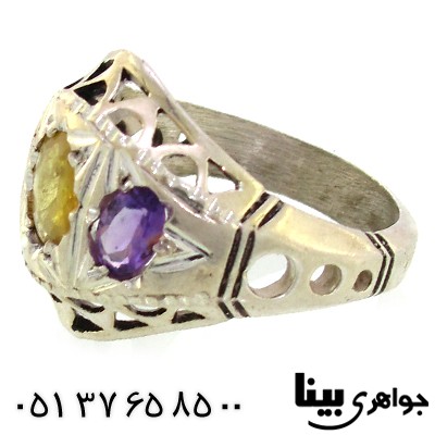 انگشتر چند جواهر یاقوت زرد، آمتیست و زبرجد مردانه درشت _کد:8816