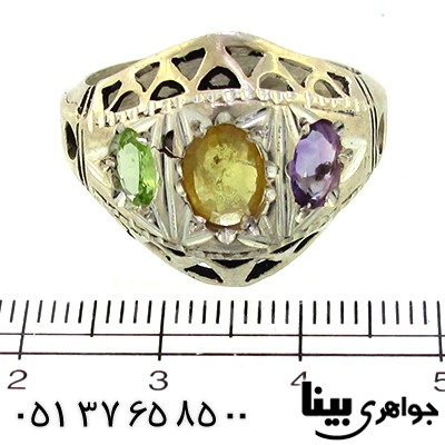 انگشتر چند جواهر یاقوت زرد، آمتیست و زبرجد مردانه درشت _کد:8816