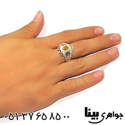انگشتر چند جواهر یاقوت زرد، آمتیست و زبرجد مردانه درشت _کد:8816