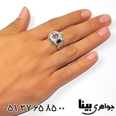 انگشتر چند جواهر یاقوت کبود، آمتیست و زبرجد مردانه درشت _کد:8821