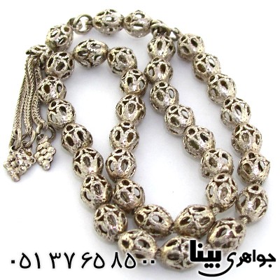 تسبیح نقره کروی طرح اره کاری سیاه قلم _کد:8883