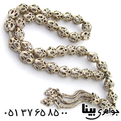 تسبیح نقره کروی طرح اره کاری سیاه قلم _کد:8883