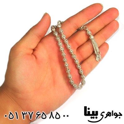 تسبیح نقره کروی طرح اره کاری سیاه قلم _کد:8883