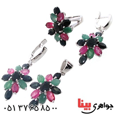 سرویس چند جواهر زمرد و یاقوت زنانه پر نگین مدل مهسا _کد:1300