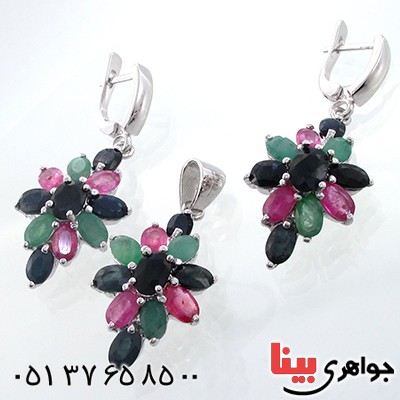سرویس چند جواهر زمرد و یاقوت زنانه پر نگین مدل مهسا _کد:1300