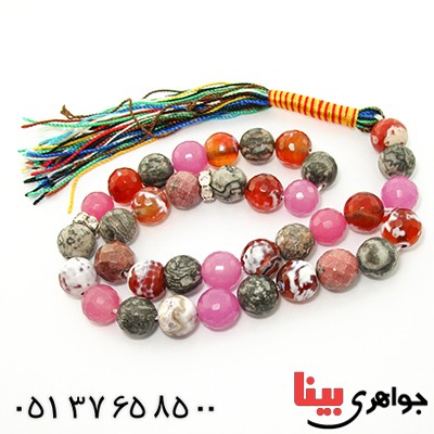تسبیح چند جواهر 33 دانه ای عقیق و کوارتز و جید درجه یک با رنگ بندی خاص _کد:9128
