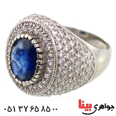 انگشتر یاقوت کبود مرغوب مردانه رادیوم لوکس دور برلیان سلطنتی _کد:9189