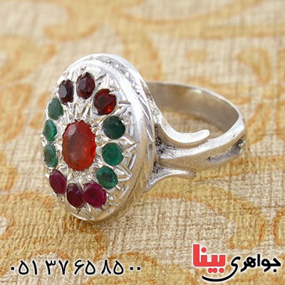 انگشتر چند جواهر زمرد، یاقوت و عقیق یمنی درشت حرزدار _کد:9192