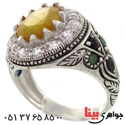 انگشتر یاقوت زرد مرغوب چند نگین مردانه سیاه قلم و برلیان کاری _کد:9231