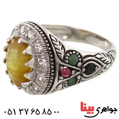 انگشتر یاقوت زرد مرغوب چند نگین مردانه سیاه قلم و برلیان کاری _کد:9231