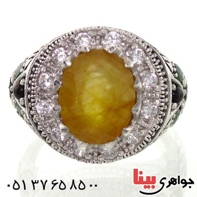 انگشتر یاقوت زرد مرغوب چند نگین مردانه سیاه قلم و برلیان کاری _کد:9231