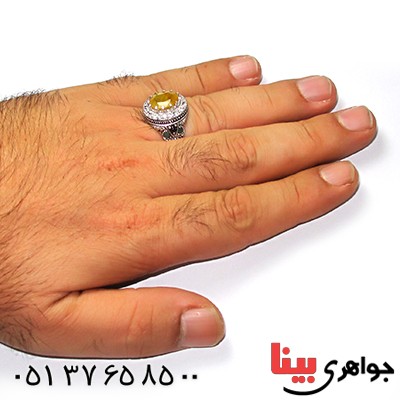 انگشتر یاقوت زرد مرغوب چند نگین مردانه سیاه قلم و برلیان کاری _کد:9231