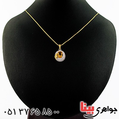 گردنبند سیترین و الماس زنانه مانی ایتالیایی مدل برگ طلایی _کد:9291