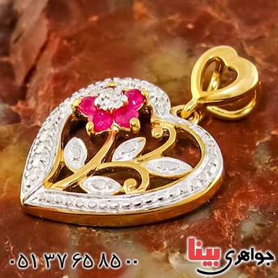 گردنبند یاقوت سرخ و الماس زنانه مانی ایتالیایی مدل قلب و گل _کد:9293