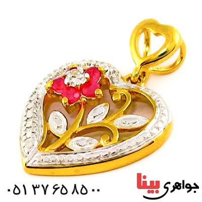 گردنبند یاقوت سرخ و الماس زنانه مانی ایتالیایی مدل قلب و گل _کد:9293