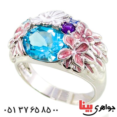 انگشتر چند جواهر زنانه درشت مانی ایتالیایی با میناکاری گلهای بهشتی _کد:9304