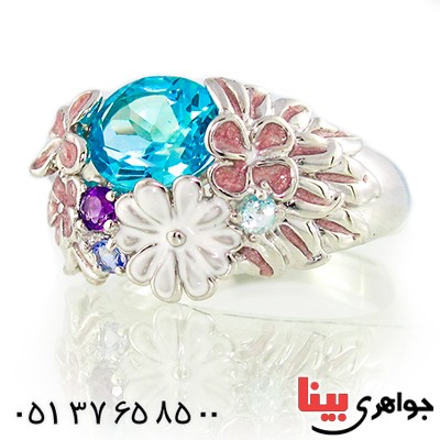 انگشتر چند جواهر زنانه درشت مانی ایتالیایی با میناکاری گلهای بهشتی _کد:9304