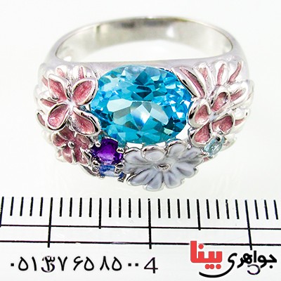 انگشتر چند جواهر زنانه درشت مانی ایتالیایی با میناکاری گلهای بهشتی _کد:9304