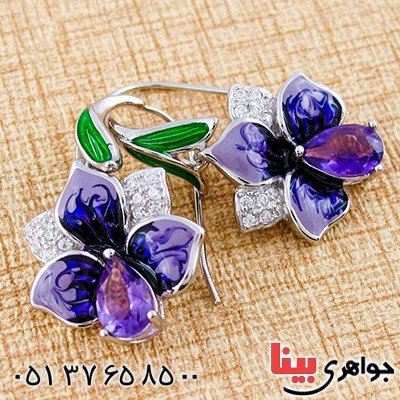 گوشواره آمتیست زنانه مانی ایتالیایی با میناکاری مدل گل _کد:9307