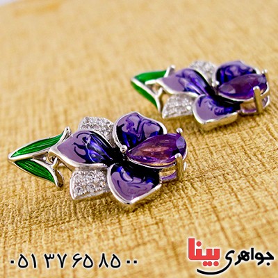 گوشواره آمتیست زنانه مانی ایتالیایی با میناکاری مدل گل _کد:9307
