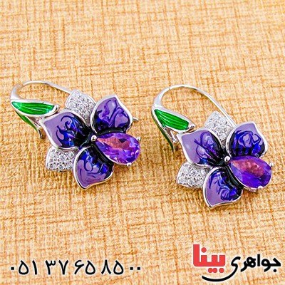 گوشواره آمتیست زنانه مانی ایتالیایی با میناکاری مدل گل _کد:9307