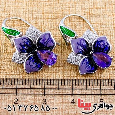 گوشواره آمتیست زنانه مانی ایتالیایی با میناکاری مدل گل _کد:9307