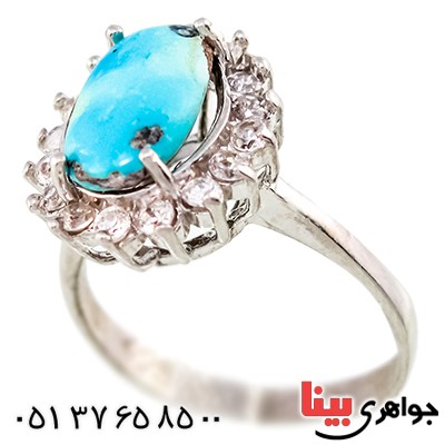 انگشتر فیروزه نیشابوری درشت زنانه مدل دور جواهری _کد:9397