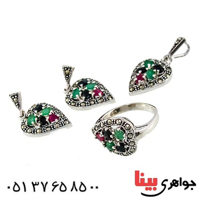 یاقوت و زمرد زنانه مارکازیتی درجه یک تایلندی مدل برگ _کد:9462 یاقوت و زمرد زنانه مارکازیتی درجه یک تایلندی مدل برگ _کد:9462
