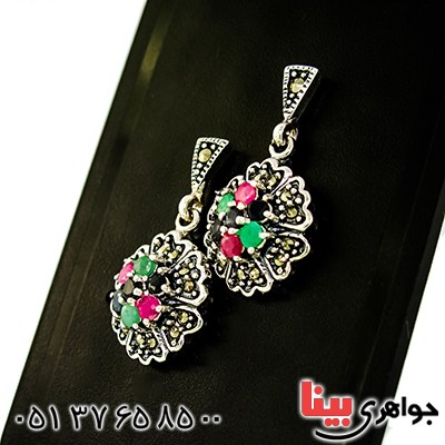 سرویس چند جواهر زمرد و یاقوت زنانه مارکازیت درجه یک تایلندی مدل شکوفه _کد:9467