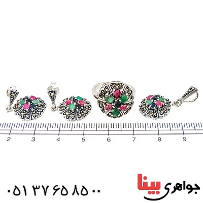 سرویس چند جواهر زمرد و یاقوت زنانه مارکازیت درجه یک تایلندی مدل شکوفه _کد:9467