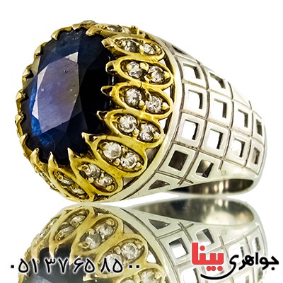 انگشتر یاقوت کبود مرغوب مردانه درشت رادیوم لوکس دور برلیان فاخر _کد:1318