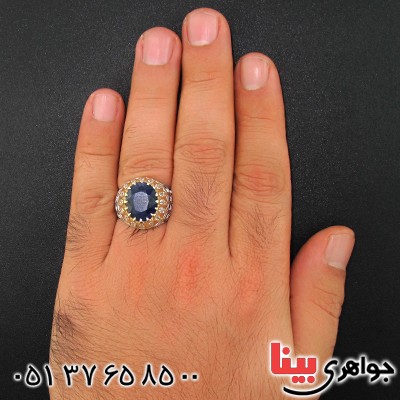 انگشتر یاقوت کبود مرغوب مردانه درشت رادیوم لوکس دور برلیان فاخر _کد:1318