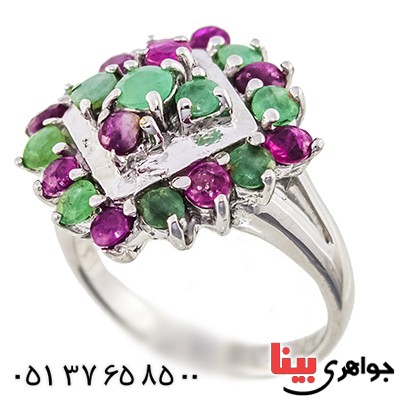 انگشتر چند جواهر یاقوت و زمرد زنانه درشت مدل باستانی _کد:9511