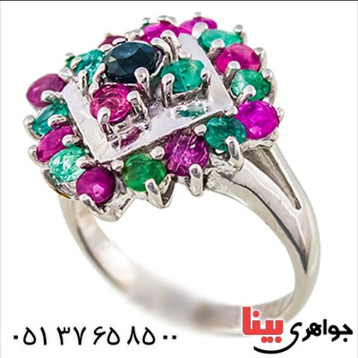انگشتر چند جواهر یاقوت و زمرد زنانه درشت مدل باستانی _کد:9517