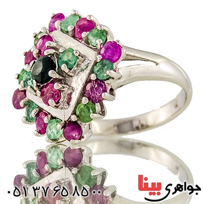 انگشتر چند جواهر یاقوت و زمرد زنانه درشت مدل باستانی _کد:9517