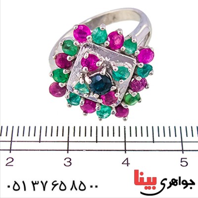 انگشتر چند جواهر یاقوت و زمرد زنانه درشت مدل باستانی _کد:9517