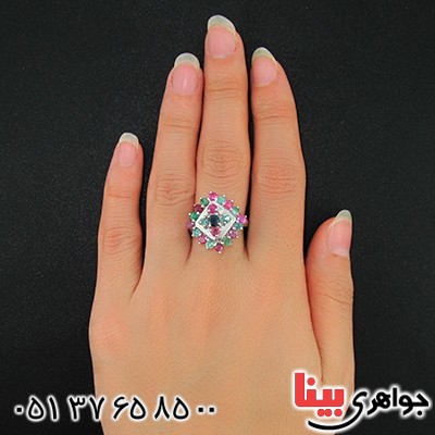 انگشتر چند جواهر یاقوت و زمرد زنانه درشت مدل باستانی _کد:9517
