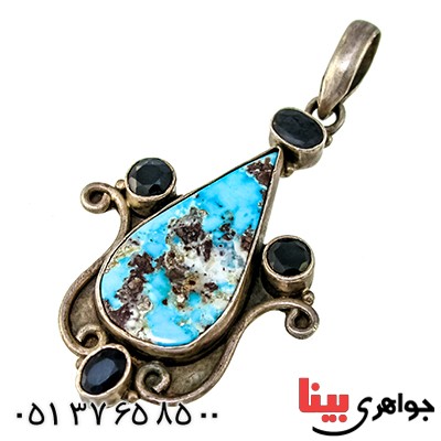 گردنبند چند جواهر فیروزه نیشابوری و یاقوت کبود قدیمی زنانه مدل عتیقه _کد:1360