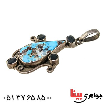 گردنبند چند جواهر فیروزه نیشابوری و یاقوت کبود قدیمی زنانه مدل عتیقه _کد:1360