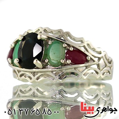 انگشتر چند جواهر یاقوت و زمرد مردانه رادیوم لوکس پنج نگین _کد:9558